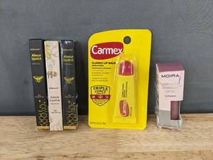 lot 267P image: La Kerain Almost Lipstick Dark Honey & Pink Honey, Moira Lip Treatment and Carmex Balm - Brand New