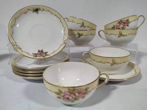 lot 8 image: Noritake Gold Rimmed RoseVine Patterned Cups & Saucers (set of 6)