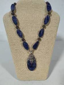 Merav Sodalite Statement Necklace & Sterling Pendant (Stamped 925)