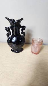lot 62 image: Black Ceramic Vase and Pink Glass Tumbler
