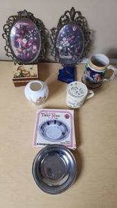 lot 84 image: Tudor Rose Collection Round Candy Dish, Fine China Vase, and ornate floral picture frames