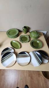 lot 88 image: Crown Potteries Dinnerware Set including Green Regency Ironstone, HomeTrends Jazz Plates, and Accessories