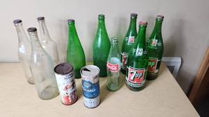 lot 103 image: Lot of Vintage Soda and Beer Containers including 7-Up and Coca-Cola Bottles, Edelweiss and Hamms Beer Cans