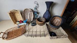 lot 164 image: Wicker Baskets and Decorative Items Assortment including Large Vase, Wire Tray, and Figurines