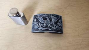 lot 199 image: Belt Buckle with Lighter with Eagle and Stars Design and Small Flask