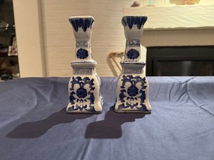 lot 23 image: Blue and White Chinoiserie Candle Stick Set 2.5 x2.5 x 7 Tall