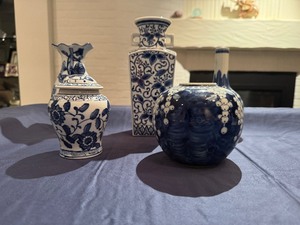 lot 25 image: Collection of Vintage Blue and White Chinese Porcelain Jars and Vases 10 Tall x 7 Diameter, 7 Tall x 4 Diameter, 7 Tall x 4 Diameter,