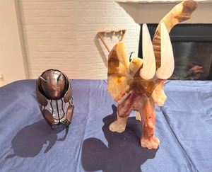 lot 33 image: Hand Carved Onyx Elephant (Rear leg broken) and MetalGlass Bear Statue