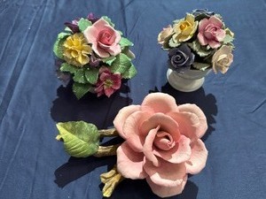 lot 40 image: Vintage Porcelain Pink Rose from Italy, Coal Port Bone China Floral Arrangement, Ansley Porcelain Floral Arrangement (some small chipsimperfections)