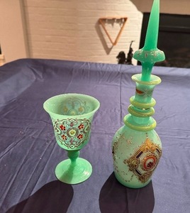 lot 41 image: Glass Enameled Decanter with Matching Cup (small chips in cup)