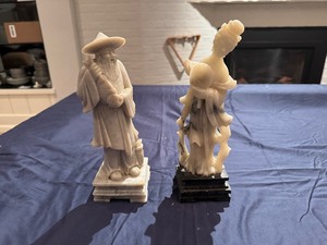 lot 43 image: Asian Stone Carved Fisherman and Stone Carved Asian Lady with Fan