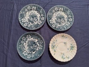lot 47 image: Staffordshire England Royal Tudor Ware - Coaching Tavern (3 Pieces) with Royal Stafford Bone China - Coquette Small Plate