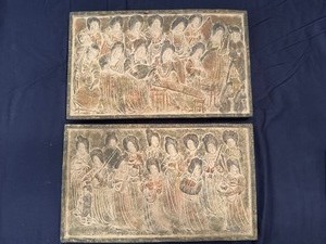 lot 53 image: Pair of AncientVintage Carved Stone Chinese Musical Ladies Art (14.5 x 9)