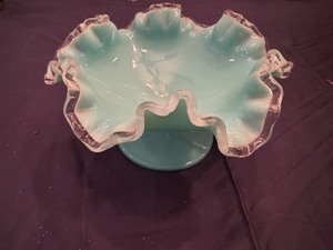 lot 54 image: Fenton Silver Turquoise Ruffles Silver Crest Candy Dish or Compote 1950s or early 1960s
