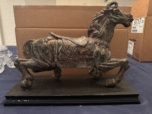 lot 58 image: Vintage Cast-Iron Chinese Tang Dynasty Style War Horse Figure, Reproduction Piece typically 1950s-1970s