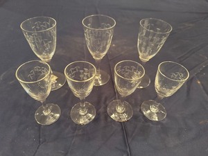 lot 65 image: Vintage Etched Glass Glasses with Bamboo Design for Liqueurs or Cordials (Qty 7)