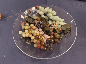 lot 73 image: Vintage Sets of Green Carved Jade or Serpentine Stone Grapes with Glass Dish