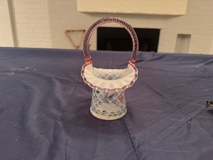 lot 83 image: Hand Painted Fenton Art Glass Trellis Basket Signed by Thomas K. Fenton and the Artist K. Lupandus # 1363