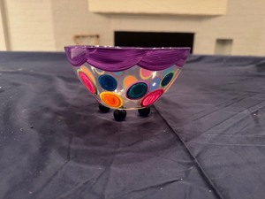 lot 85 image: Hand Painted Glass Bowl Rainbow Dots 7 Diameter