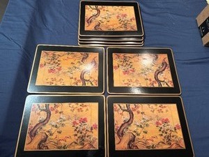 lot 98 image: Vintage Pimpernel Cork Backed Placements Traditional Chinese-Style Bird and Flower Design - Set of 8