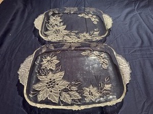 lot 20 image: Pair of Mikasa Holiday Crystal Poinsettia Trays (See Pictures for Measurements)