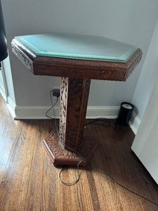 lot 2 image: Vintage Chinese Carved Wooden Hexagonal Pedestal Table with Glass Topper (28.5 Tall x 24 Wide)
