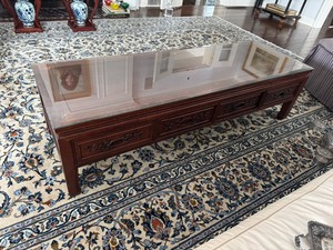 lot 3 image: Beautiful Mahogany Chinese Coffee Table with Glass Topper 1980s (60 Long x 20 Wide x 16 Tall)