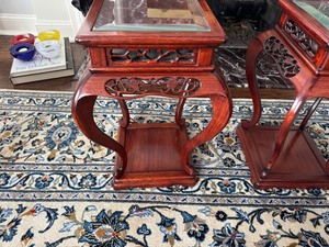 lot 4 image: Vintage Chinese Wooden Side Table with Ornate Carved Details, Curved Legs and a Glass Inlay 1980s (10 x 10 x 18.5 Tall)