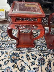 Vintage Chinese Wooden Side Table with Ornate Carved Details, Curved Legs and a Glass Inlay 1980's (10" x 10" x 18.5" Tall)