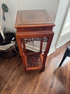 lot 6 image: Intricately Carved Chinese Rich Wood Tone Display Stand or Side Table 1980s (14 x 14 x 36)