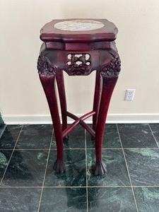 lot 8 image: Antique Chinese Carved Rose Wood Plant StandDisplay Stand, Claw Feet, Marble Inlay 1980s (13 x 13x 38)