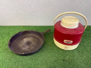 Thermos Deluxe Model Water Jug & Cast Iron Pan