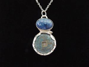 lot 4 image: .925 Sterling Silver Sodalite Cabochon Asian Coin Primitive Pendant Necklace