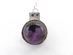 lot 11 image: .925 Sterling Silver Amethyst Dichroic Glass Cabochon Primitive Pendant Necklace