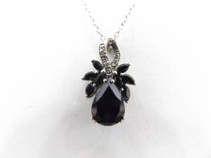 lot 21 image: .925 Sterling Silver Diamond Accented Onyx Flower Pendant Necklace