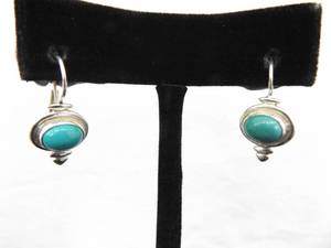 lot 91 image: .925 Sterling Silver Turquoise Cabochon Hinged Hook Earrings