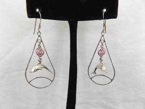 lot 95 image: .925 Sterling Silver Pink Sapphire Crystal Dolphin Hoop Dangle Hook Earrings