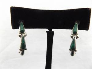 lot 92 image: .925 Sterling Silver Malachite Cabochon 34 Hoop Post Earrings