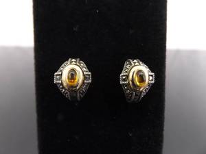 lot 99 image: .925 Sterling Silver Carolyn Pollack Art Nouveau Gold Accented Citrine Cabochon Half Hoop Post Earrings