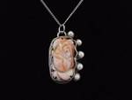 .925 Sterling Silver Primitive Carved Rhodonite Rose Pendant Necklace