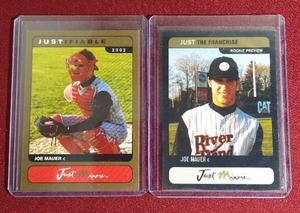 lot 240 image: (2) 2002 Just Minors Joe Mauer Prospect Cards
