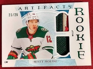 Sweet 2022-23 Artifacts Matt Boldy Double Patch Rookie Card - #d/25