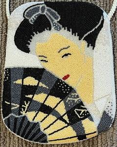 lot 103N image: LR - Vintage Beaded Jeromes Shoulder Purse with Geisha Design