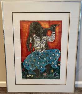 lot 114N image: DR - Girl and a Flute Limited Edition Lithograph by Irene Awret, Framed
