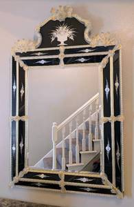 lot 1 image: ML - Venetian Glass Wall Mirror - Black Glass with Silver Embellishments
