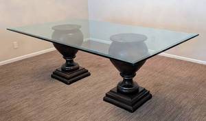 lot 3 image: DR - Glass-Top Dining Table with Black Pedestal Bases