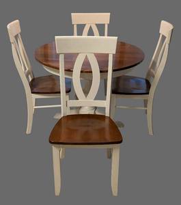lot 5 image: K - Round Dining Table Set, Wood Top, Cream-Painted Base with 4 Chairs