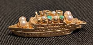 lot 8 image: K - Vintage 14K Bon Voyage Ship Pendant 1959 Gold-Tone with Pearls & Turquoise