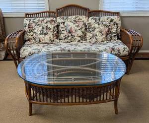 lot 13 image: SR - Rattan Sofa with Floral Cushions & Glass-Top Coffee Table