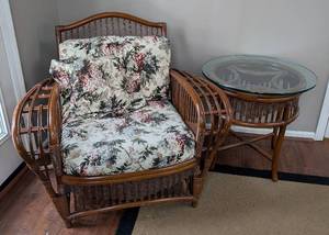 lot 15 image: SR - Rattan Armchair with Floral Cushions & Round Glass-Top Side Table